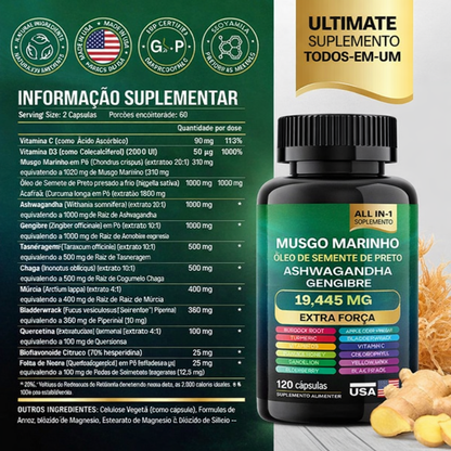 Suplemento Natural 8 em 1 - Sea Moss, Ashwagandha & Gengibre Extra Strength